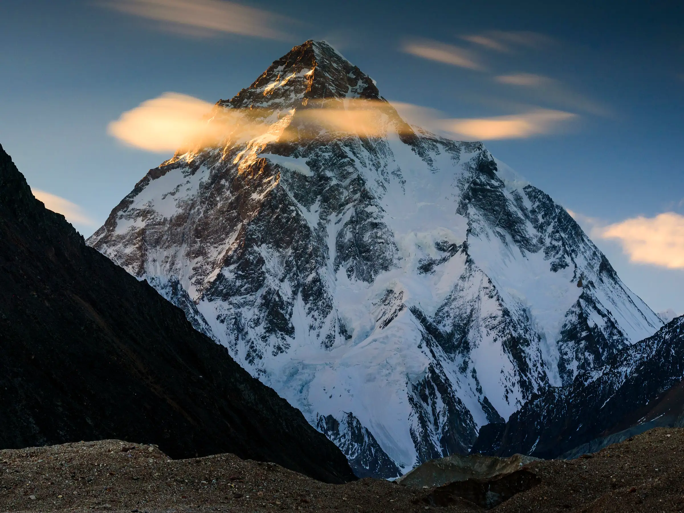 The summit pyramid of K2 catching the first light