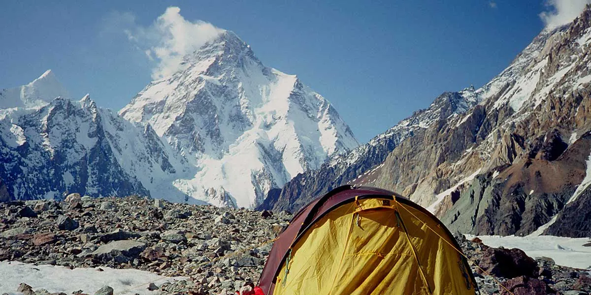 Trekkers on the Baltoro Glacier below K2